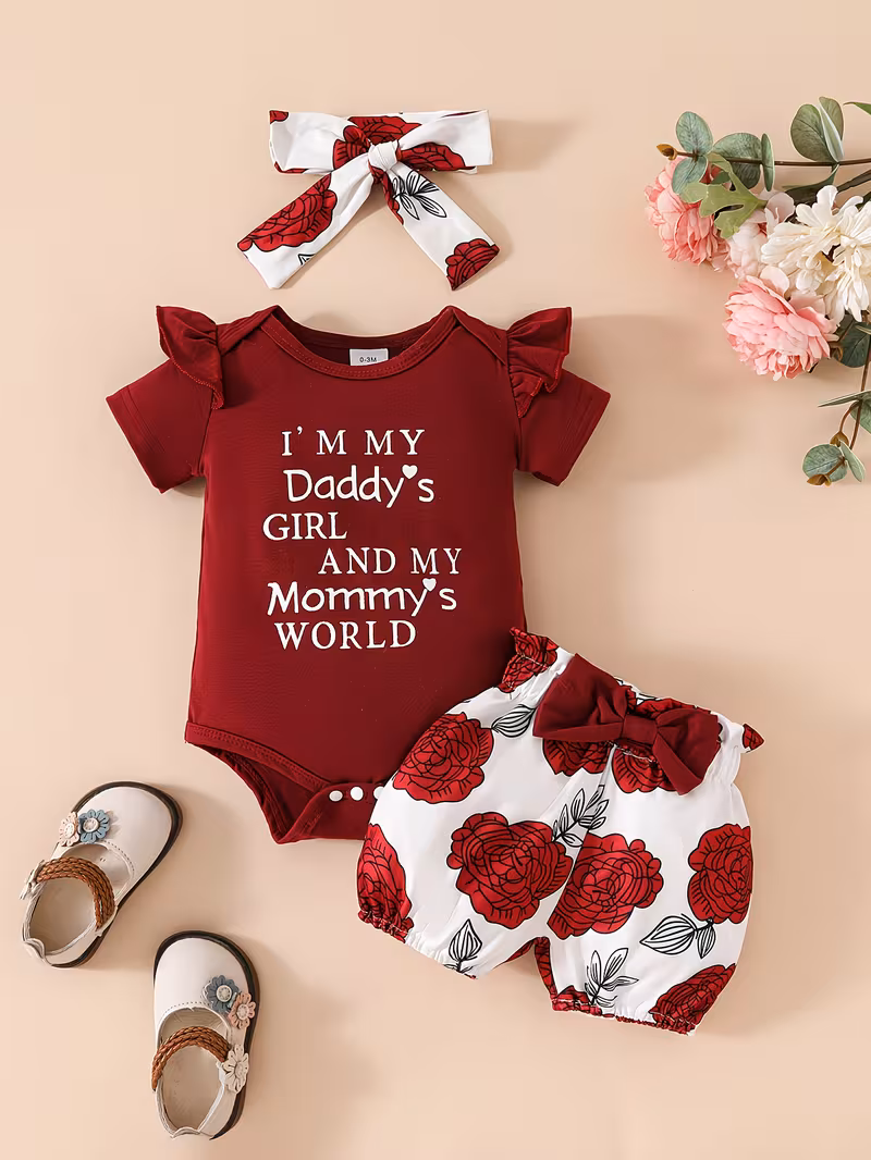3-piece summer floral baby girl romper and shorts set