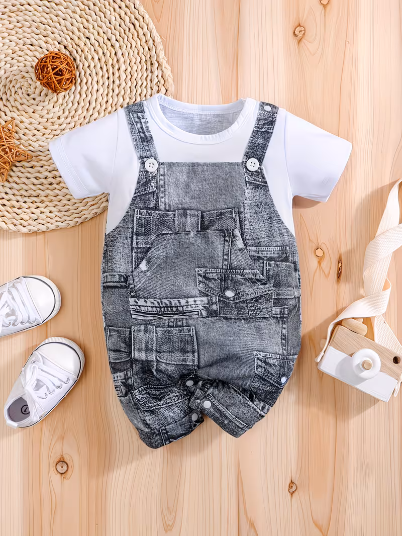 baby boy casual mock-denim short-sleeve overalls