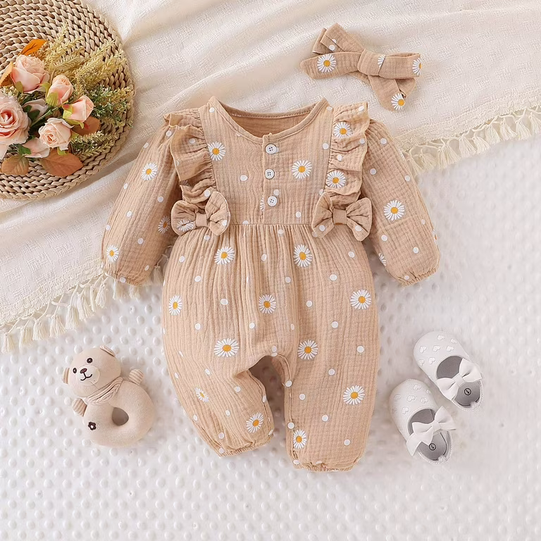 2-piece baby girl daisy floral ruffle romper and matching headband set