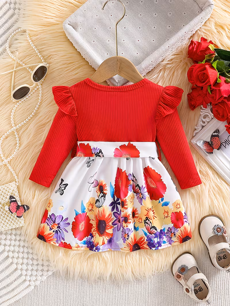 baby girl red casual floral and butterfly print long-sleeve dress