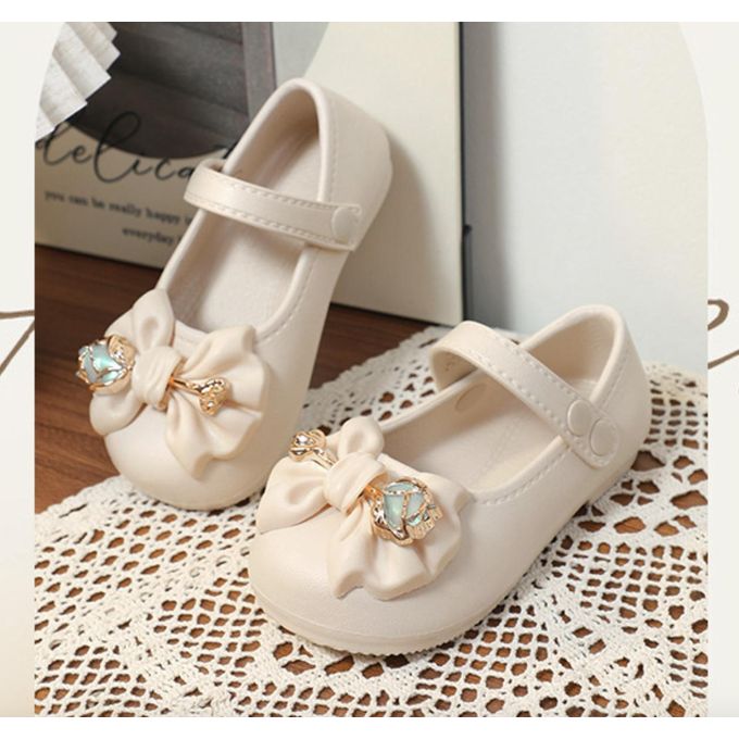 cream bow-embellished Mary Jane flat shoes