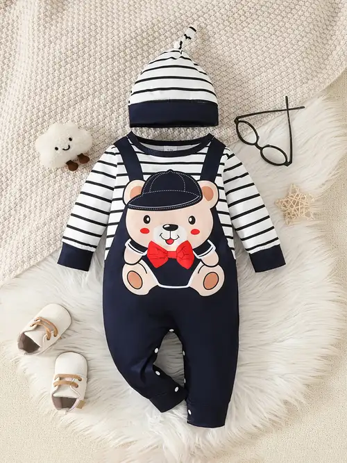 2-piece baby boy nautical cartoon bear romper and beanie set