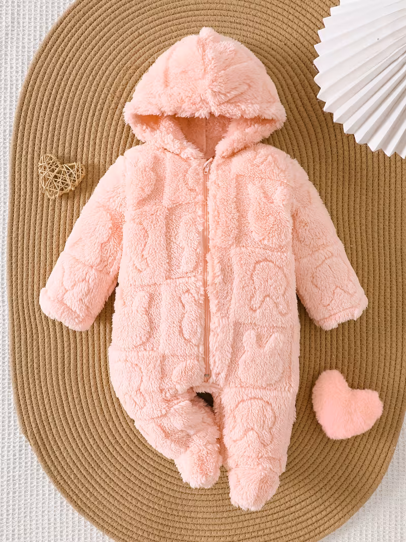 baby winter embossed cartoon bunny plush hooded snowsuit romper