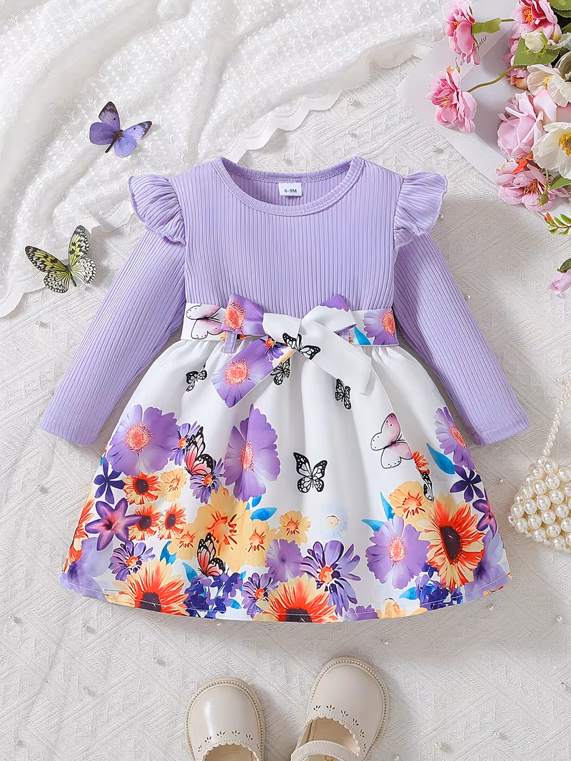 baby girl casual floral and butterfly print long-sleeve dress